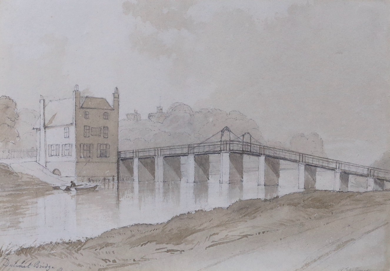 Henry Gastineau (1791–1876), monochrome watercolour, Study of Datchett Bridge, a glimpse of Windsor Castle in the distance, inscribed and signed, 15 x 21cm